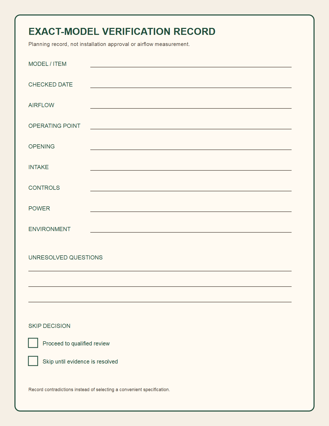 Printable exact-model verification record for comparing greenhouse exhaust fans