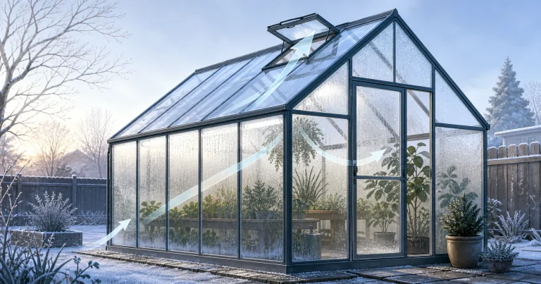 Winter greenhouse with condensation on glazing and roof vent open for controlled airflow