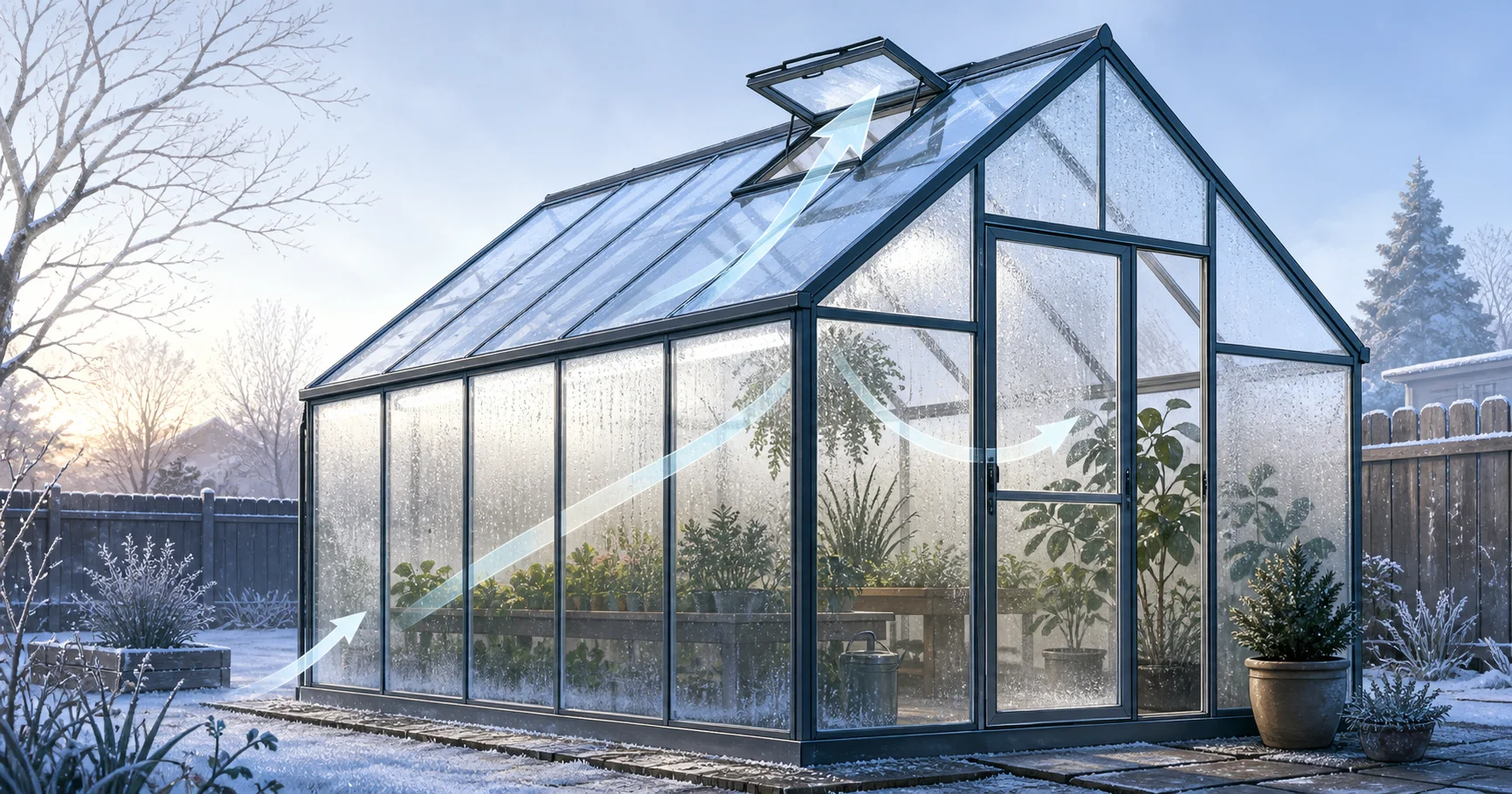 Winter greenhouse with condensation on glazing and roof vent open for controlled airflow