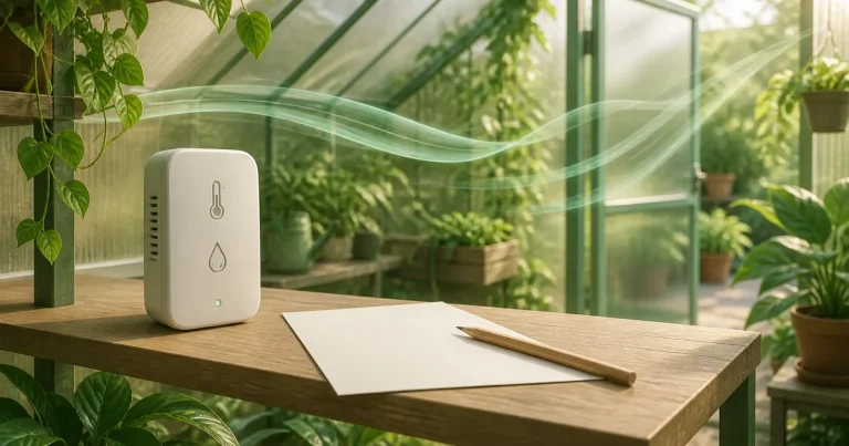 Greenhouse climate sensor beside a notebook for recording temperature and humidity observations