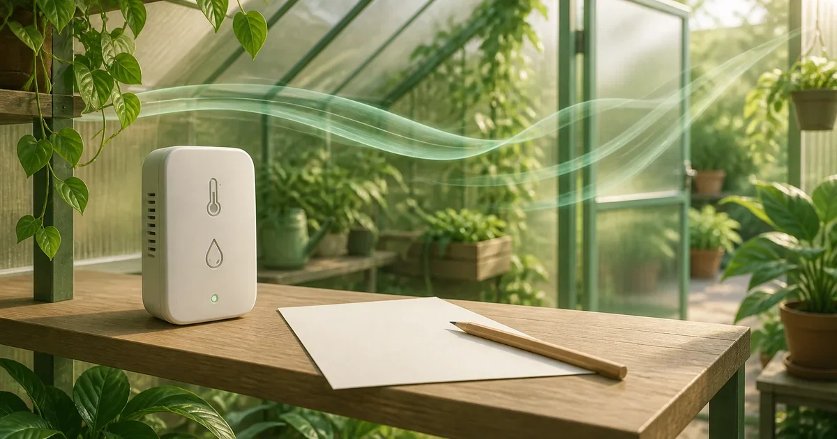 Greenhouse climate sensor beside a notebook for recording temperature and humidity observations