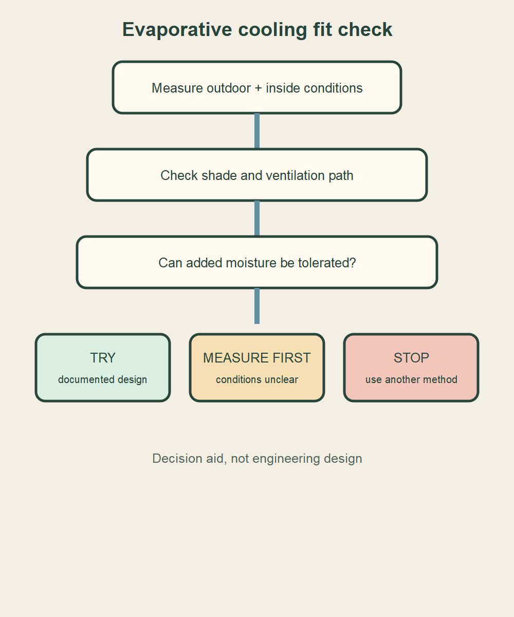 Greenhouse evaporative cooling suitability decision path using measurements, shade, ventilation, and moisture tolerance