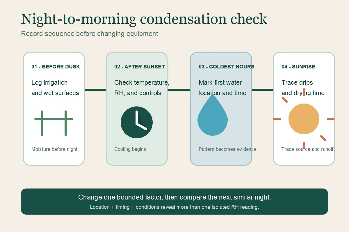 Night-to-morning greenhouse condensation inspection timeline