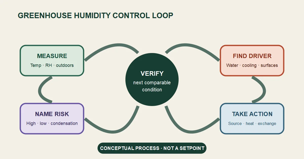 Conceptual greenhouse humidity control loop connecting measurement, moisture sources, temperature, outdoor conditions, and control actions.