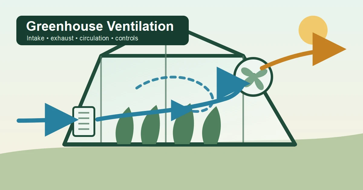Greenhouse ventilation diagram showing low air intake, high exhaust, and internal circulation
