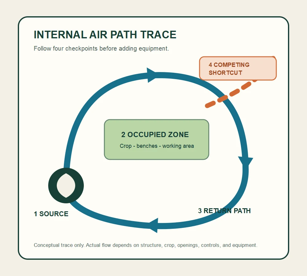 Conceptual internal greenhouse air path showing circulation through the occupied crop zone and a competing shortcut
