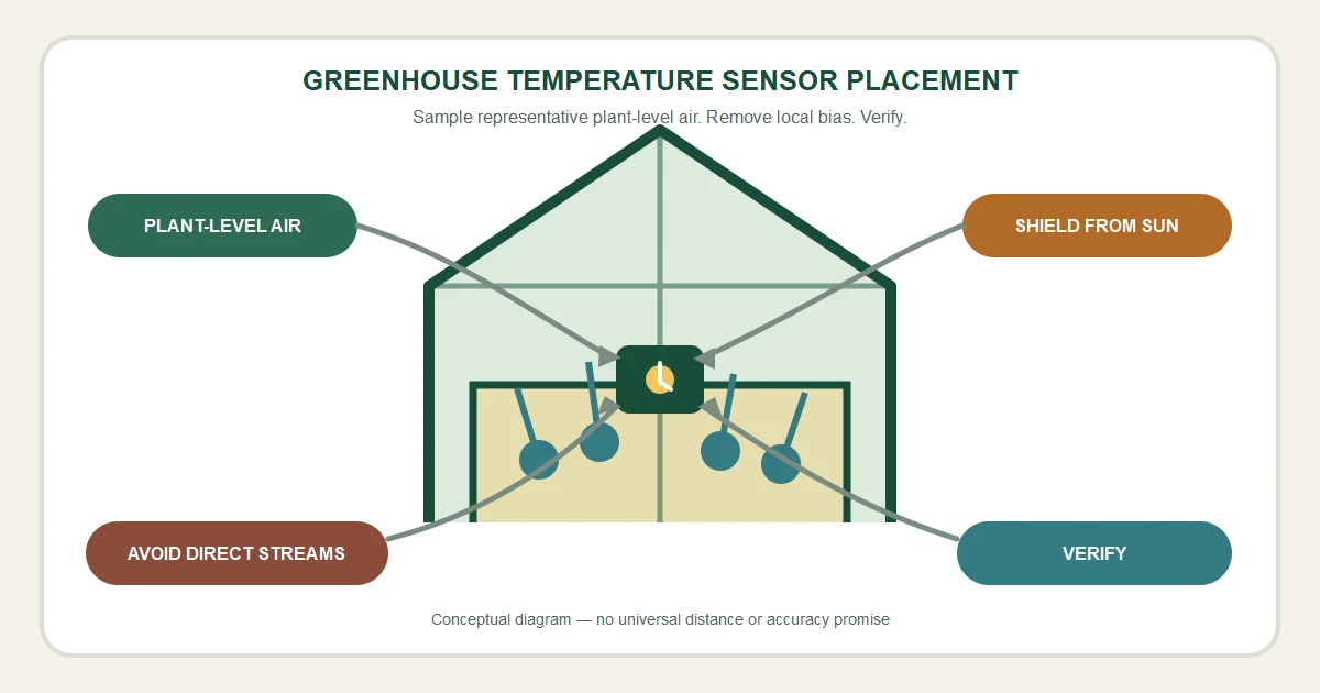 Greenhouse temperature sensor placement path showing plant-level air, radiation shielding, equipment-stream avoidance, and verification