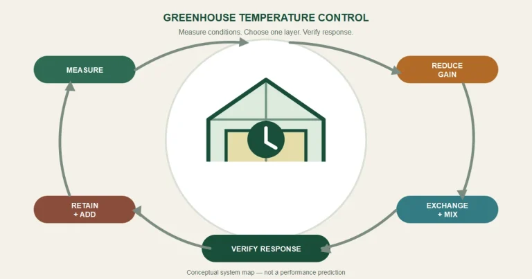 Greenhouse temperature control loop from representative measurement through staged action and response verification