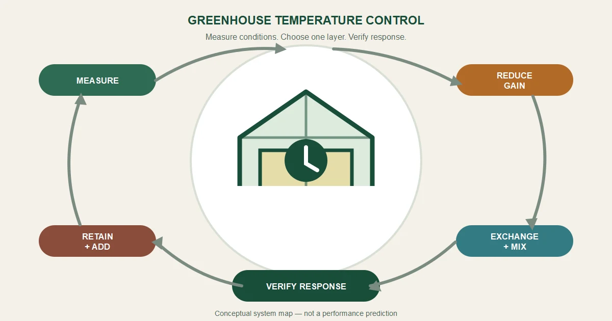 Greenhouse temperature control loop from representative measurement through staged action and response verification