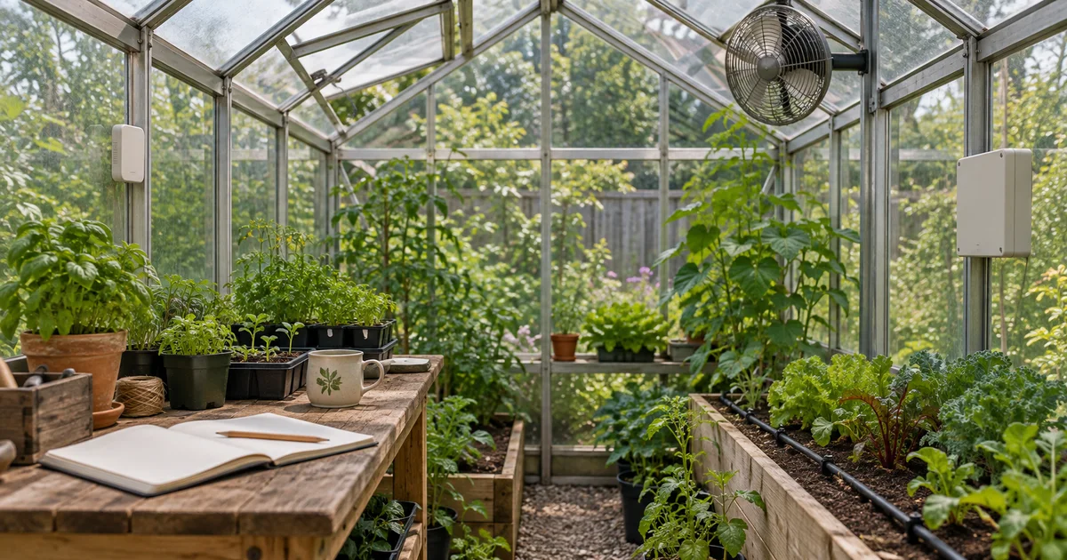 Hobby greenhouse with a sensor, controller, roof vent, fan, irrigation line, and blank monitoring notebook.