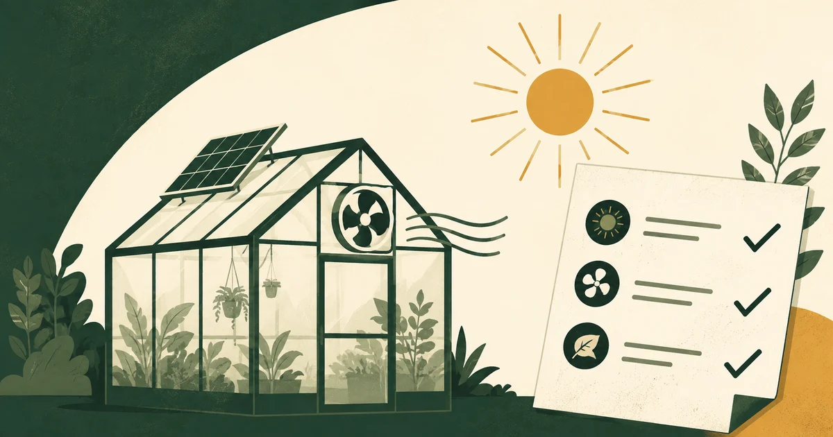 Illustrative solar greenhouse ventilation planning scene with generic greenhouse, fan, sun, and checklist