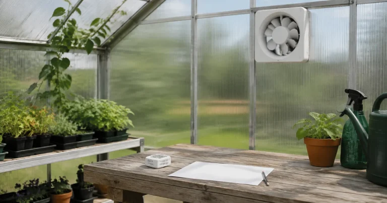 Greenhouse workspace with a wall-mounted fan and temperature sensor on a table.