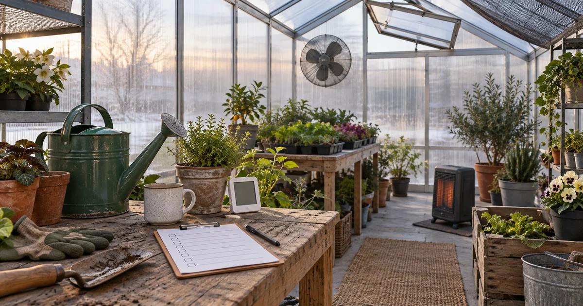 Greenhouse workspace with a fan, roof vent, shade cloth, sensor, heater, and seasonal checklist.